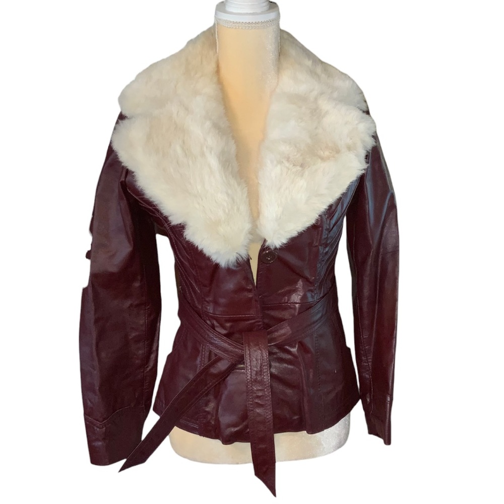 Vintage Foxmoor Wine/Oxblood Red Faux Leather Jacket with Fur Collar XS Petite